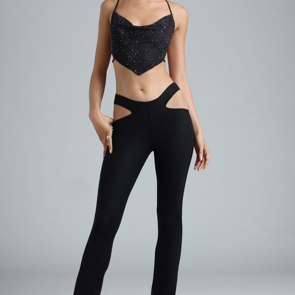 Oh Polly Metallic Cut-Out Low-Rise Flared Trousers in Black 4